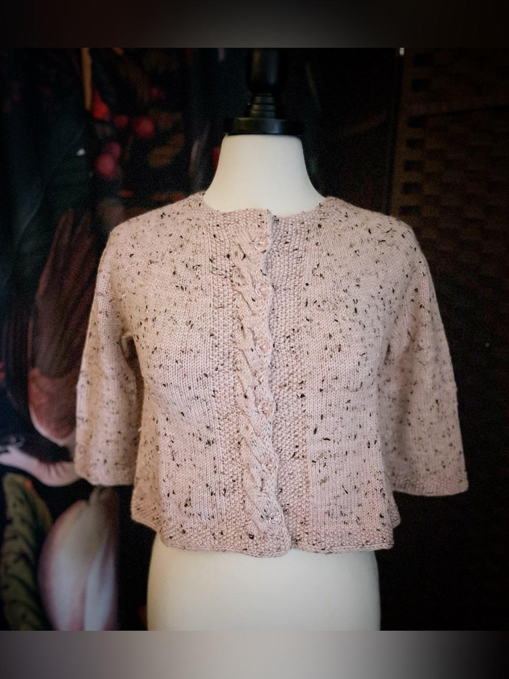 Handknit 85% Merino Wool, Cropped Tweed Cardigan